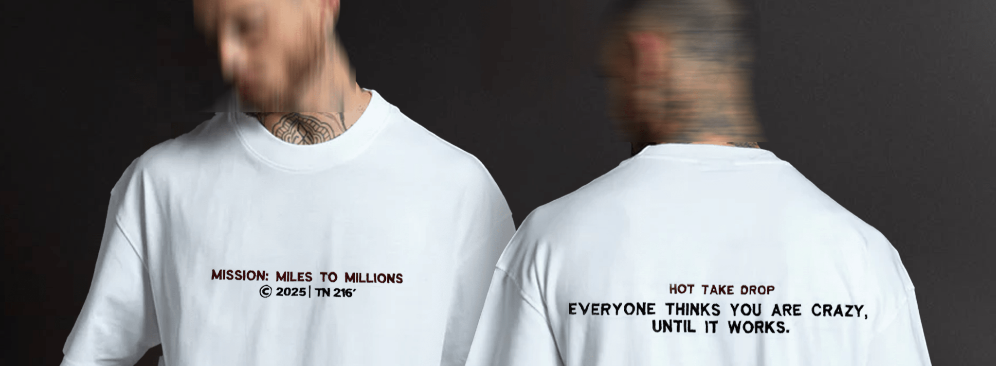 Two people wearing white t-shirts with text on a dark background